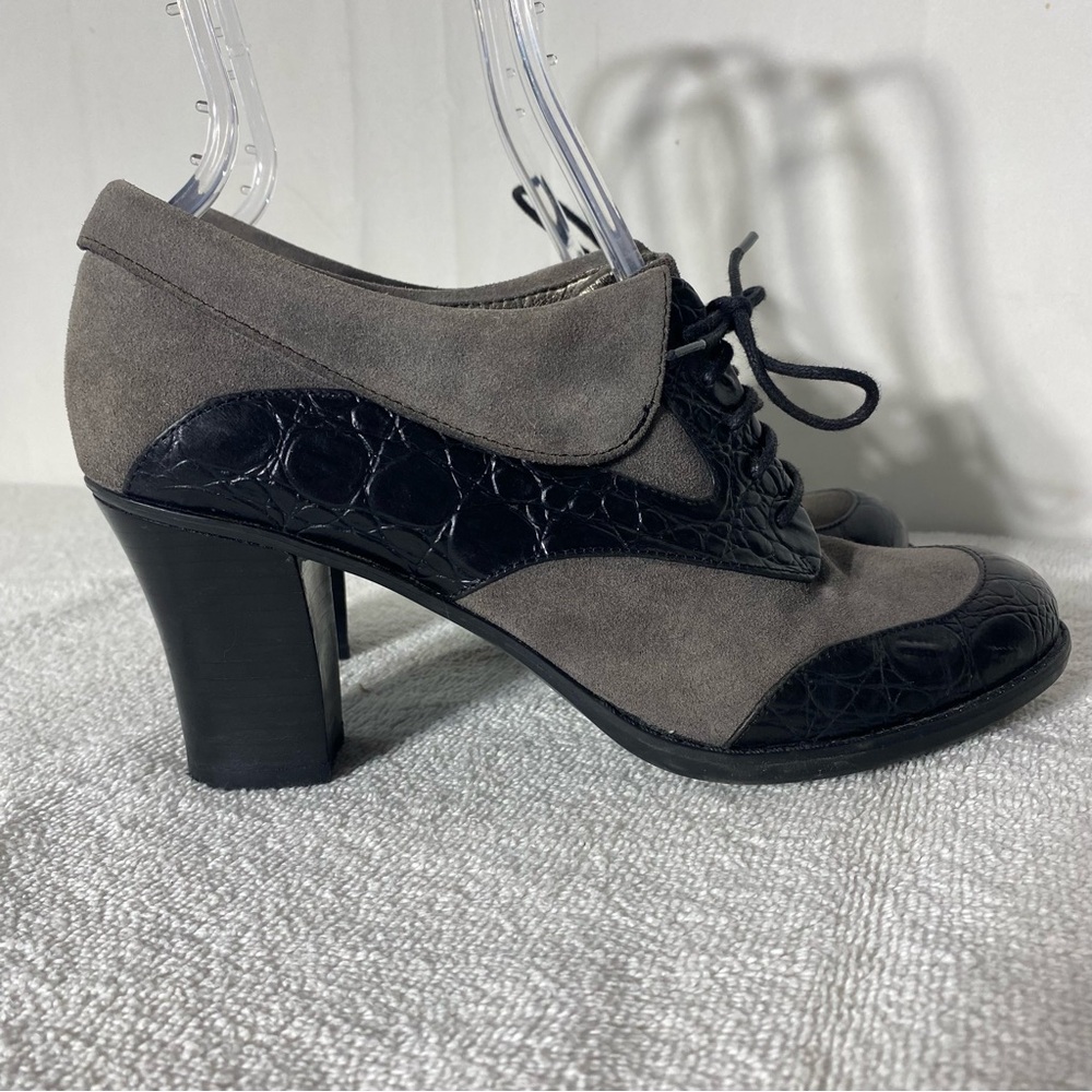 Vintage Naturalizer Grey Suede W Blck Embossed Leather Oxford Style High Heels 9